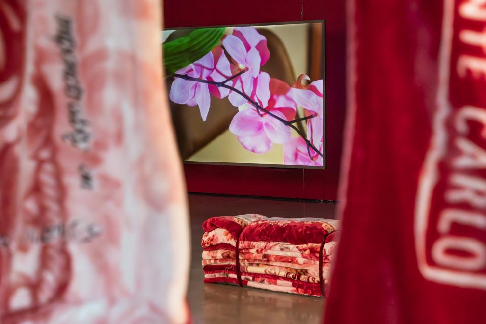 A three channel video work in a gallery with red walls 