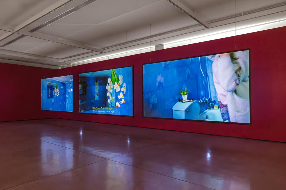 A three channel video work in a gallery with red walls 