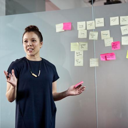 Woman communication to group with sticky notes behind her displaying a plan