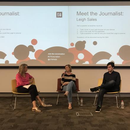 Leigh Sales being interviewed by two students