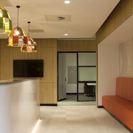 The School’s reception area – like many of the interiors, the space has many beautiful woven textures.