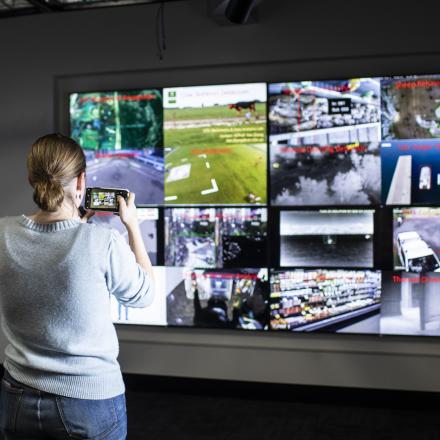 woman looking at a data screen dominated by AI