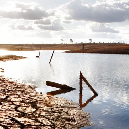 A dam of water with cracked earth around it