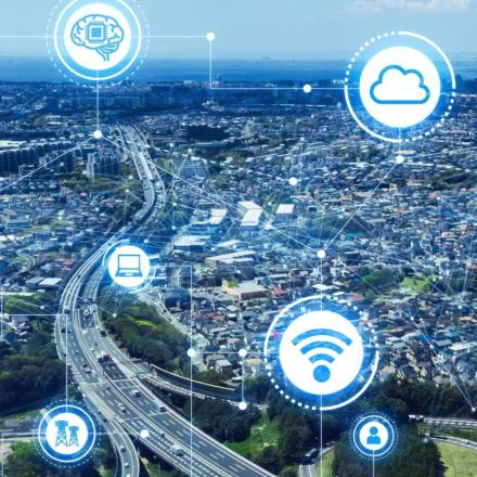 Aerial view of communication network concept in a smart city