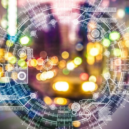 Close up artificial intelligence technology over blurred city lights