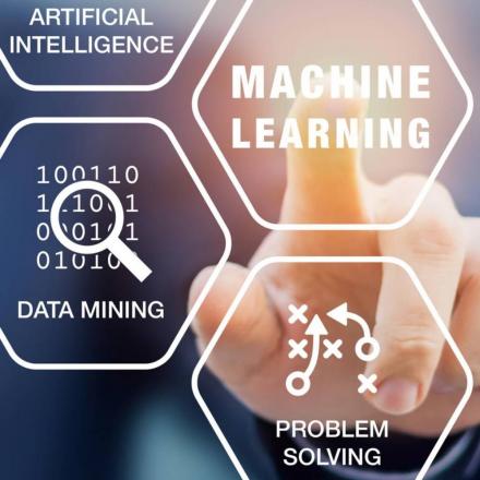 Presentation about machine learning technology with scientist touching screen with artificial intelligence (AI), neural network, automation, and data mining words and computer icons