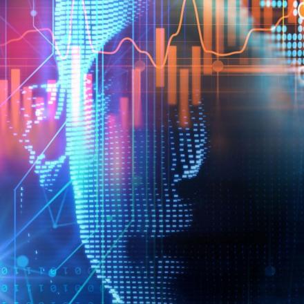 3D rendering of a human on a geometric element technology background