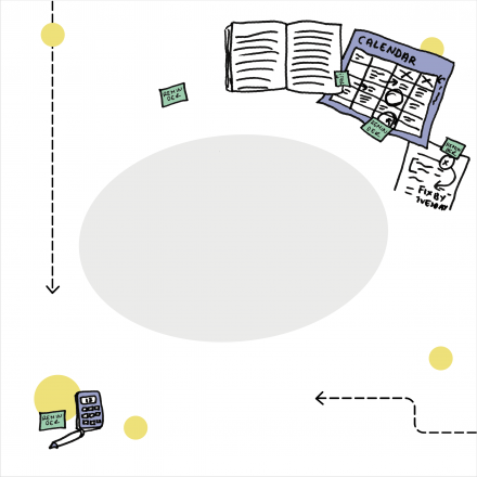 Illustration of calendar, open notebook, calculator and pens