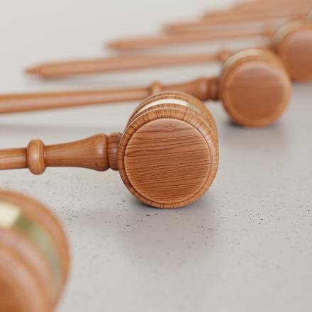 A collection of wooden gavels set in a line on a tabletop