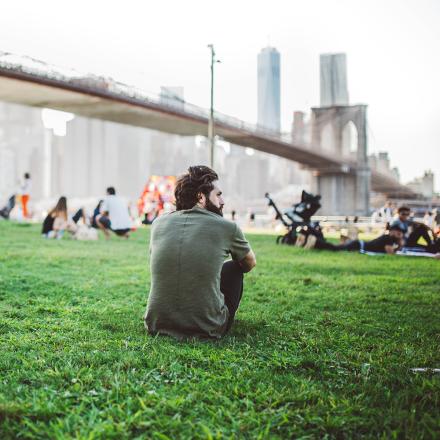 Man on green grass by bridge