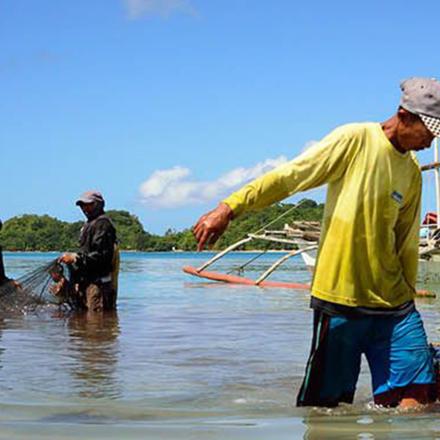 People hauling a net through water 