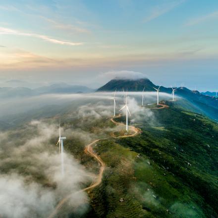 The wind field of the mountain ridge. High angle aerial photography.