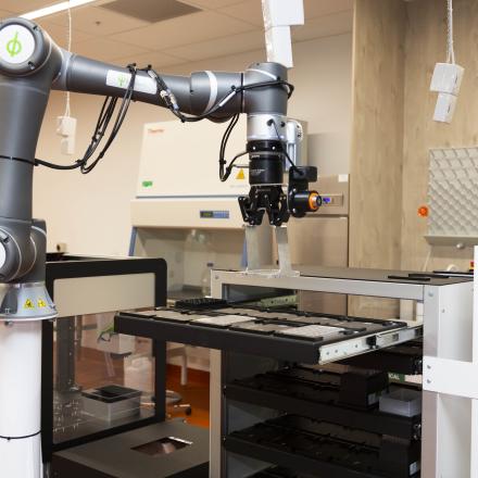 the robot sorts through trays of different types of algae.