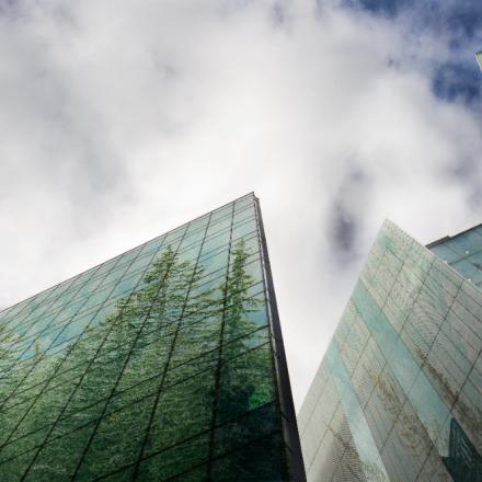glass buildings with trees reflected
