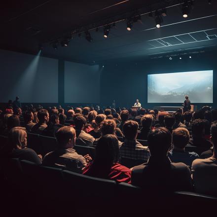 An audience in a dark conference room watches a keynote presentation