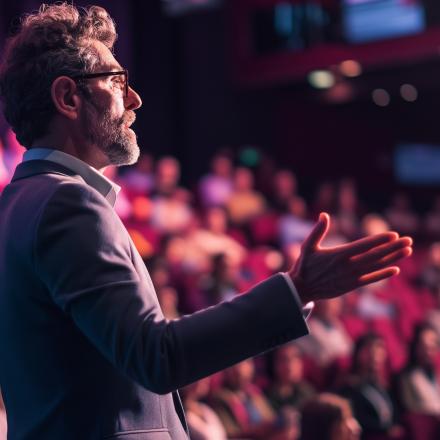 Charismatic speaker sharing knowledge and connecting with the crowd