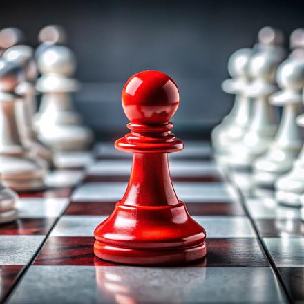 Red pawn on a chess board, surrounded by white pawns