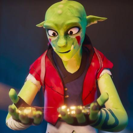 Animated green ceature peers at gold