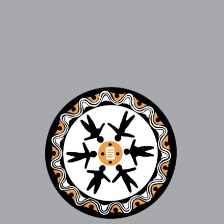 Abstract circular design with black human figures around an orange circle, featuring a patterned border. Set against a gray background, conveying unity.