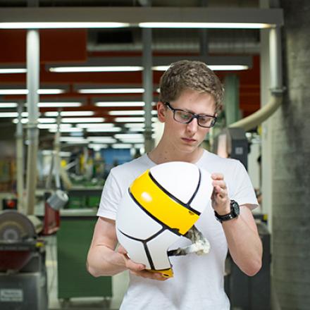 Integrated Product Design student, Nick Sadowsky, with his farmer protection helmet