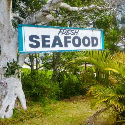 Photo of a local sign for "Fresh Seafood"