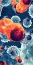 Microscopic view of cancer cell multiplication in shades of blue and orange
