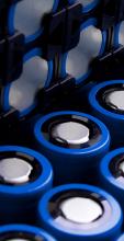 A group of blue battery elements, some are held together by a holder