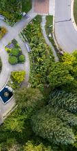 Birds' eye view of paths, roads and gardens.