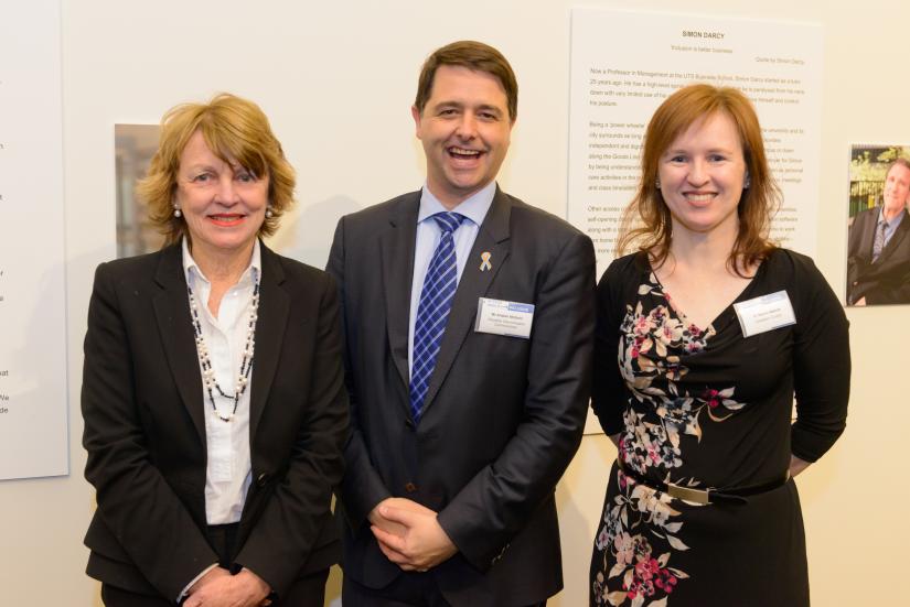 Professor Shirley Alexander, Disability Discrimination Commissioner, Mr Alastair McEwin, and Curator Dr Naomi Malone at the exhibition launch of Access and Inclusion: Disability at UTS.