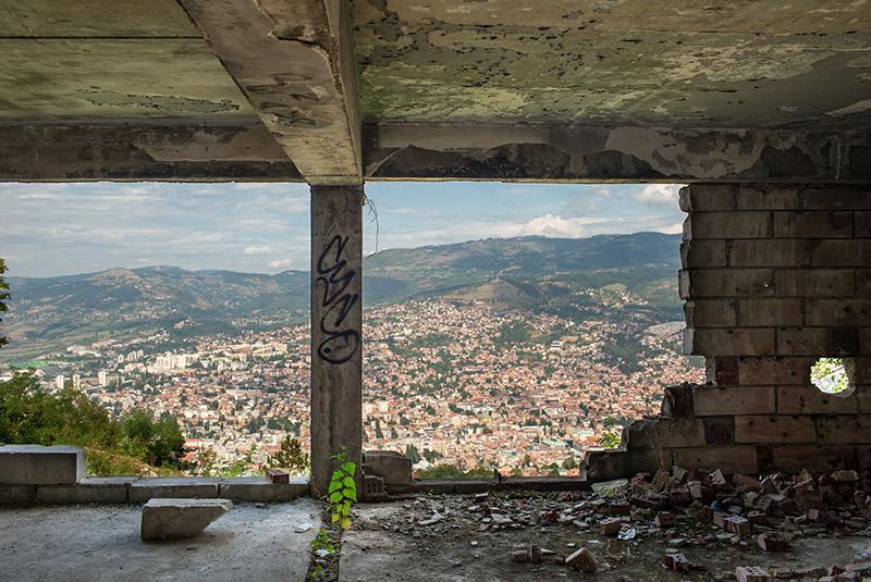 View across Sarajevo from a war damaged building on the outskirts of the city