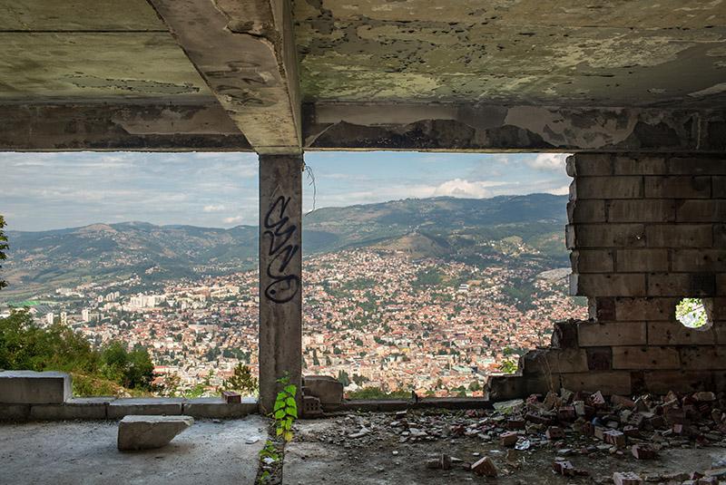 View across Sarajevo from a war damaged building on the outskirts of the city 