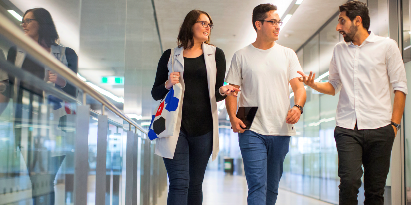 Three colleagues walking while having a discussion