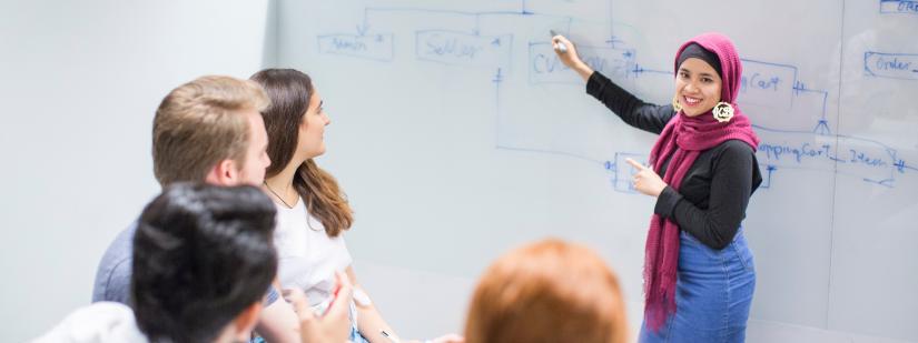 Students looking toward a whiteboard wall doing user experience design