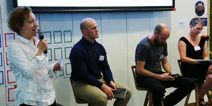 Panel members debate the role of education in entrepreneurship. L-R: Dilek Cetindamar Kozanoglu, Tyler Key, Shaun Bettridge, Joanne Jacobs. Photo by Liam Kennedy.