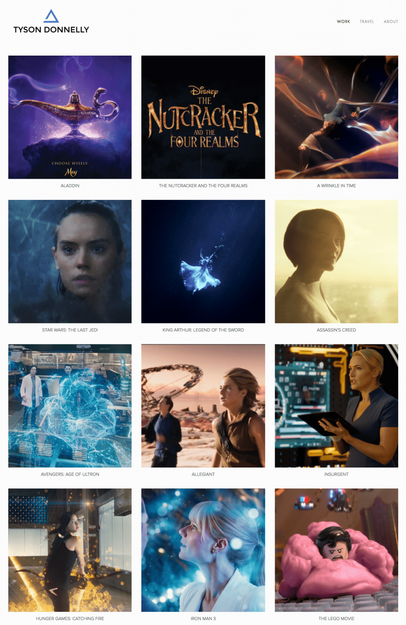 Tyson's portfolio, including The Hunger Games, The Lego Movie, Insurgent and Aladdin