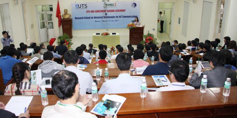 A lecture hall populated with students