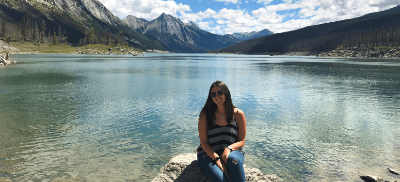 Sahara sitting next to Lake Louise