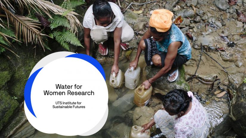 Three women squat side by side collecting water. Overlaid image reads Water for women research UTS Institute for Sustainable Futures