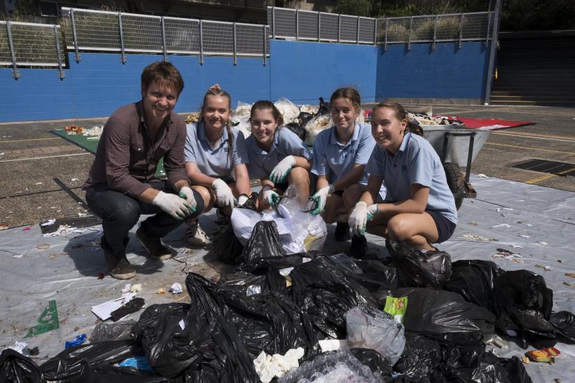 Craig Reucassel with students from Kiama High School doing a waste audit.