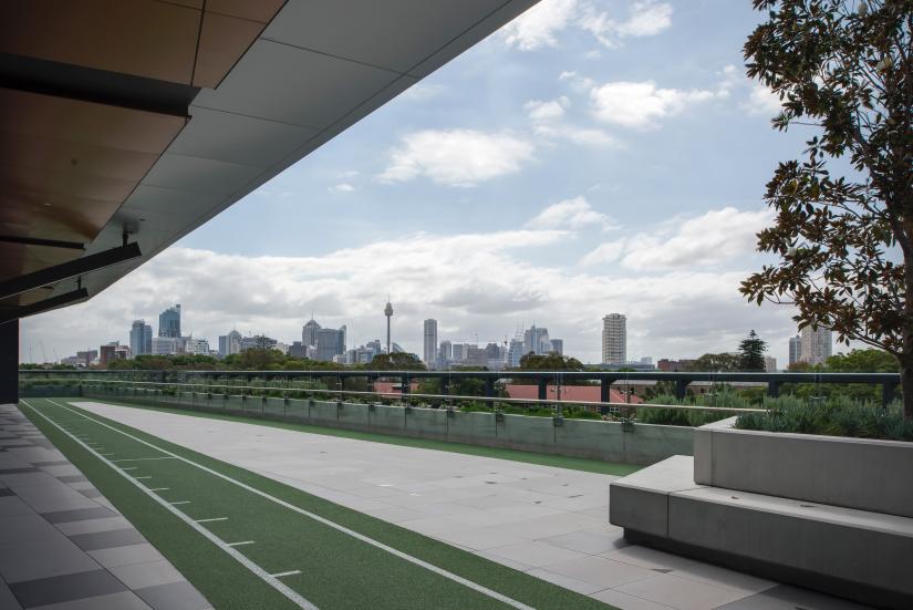 Rooftop of a building with a running track