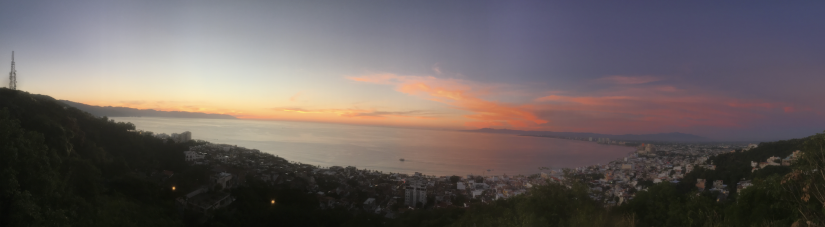 A panorama of the ocean at sunset