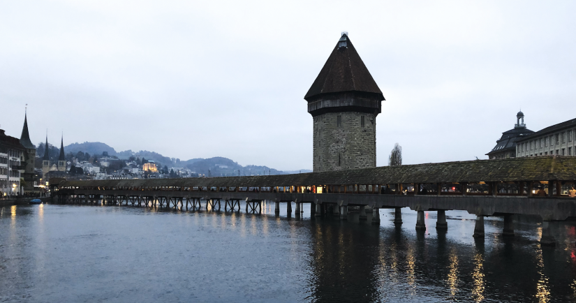 A bridge across a lake in Switzerland