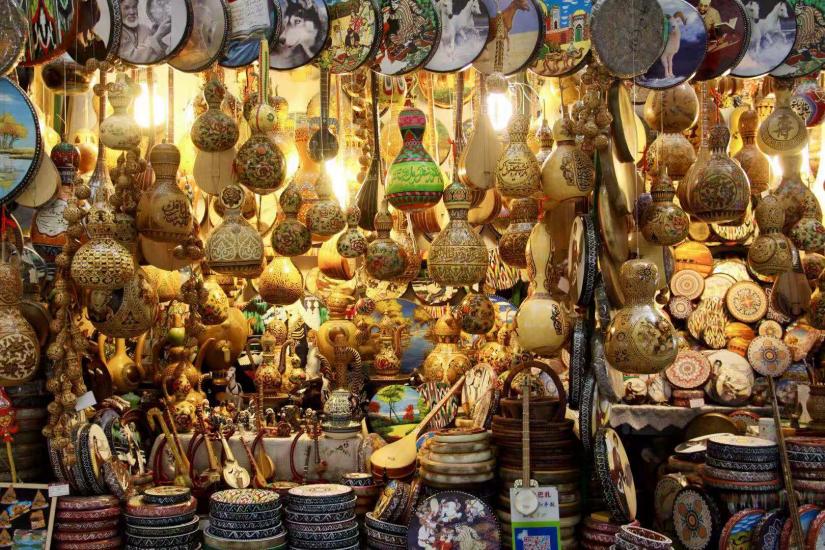 A shop in China selling wooden lanterns and instruments
