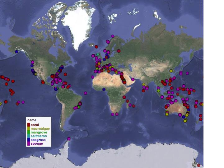 World map showing coastal marine microbiome study sites