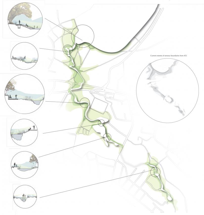 Aerial drawing of Rushcutter's Creek with sensory zones designed by Christina Kirkwood