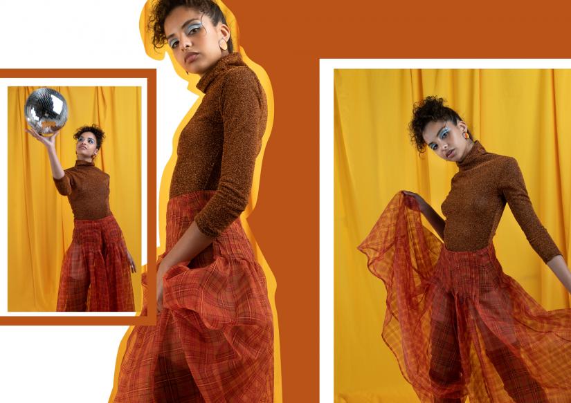 Collage of a model wearing Tegan Leigh's woollen designs from her graduate fashion collection