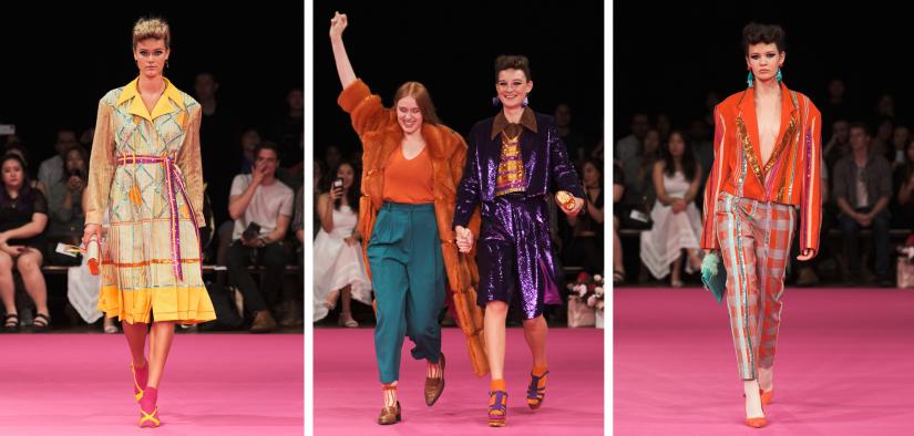 Models wearing Australian fashion designer Tegan Leigh's 70's inspired fashion collection on a pink runway