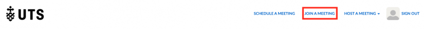Screenshot of UTS Zoom toolbar highlighting 'Join a Meeting' option