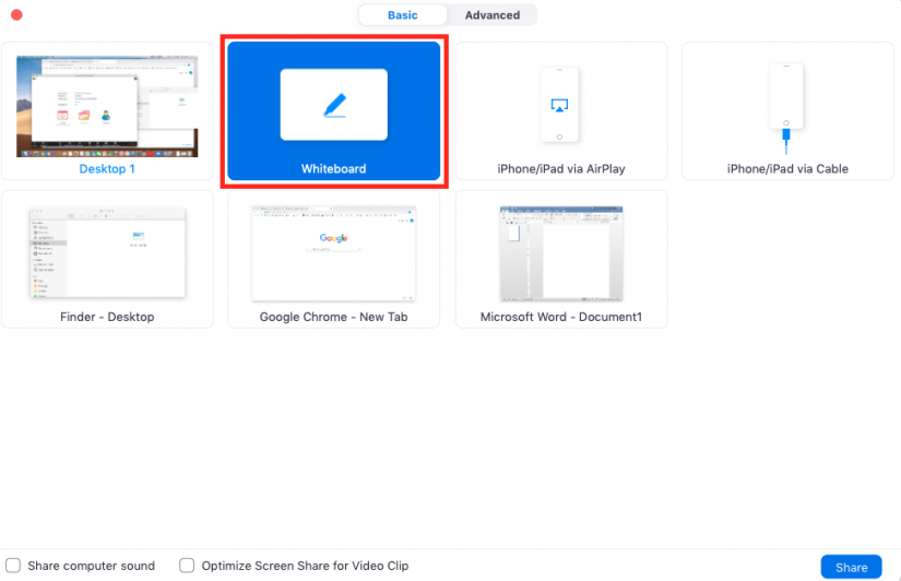 Screenshot of 'Share screen' window with 'Whiteboard' option highlighted