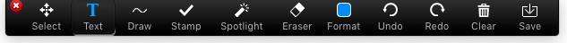 Whiteboard toolbar displaying options to Select, add Text, Draw, Stamp, Spotlight, Eraser, Format, Undo, Redo, Clear, and Save